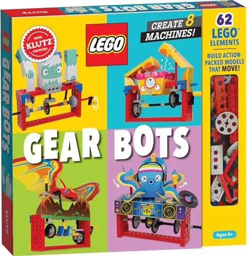 Klutz Lego Gear Bots kit showing LEGO Technic bricks and assembled kinetic creatures