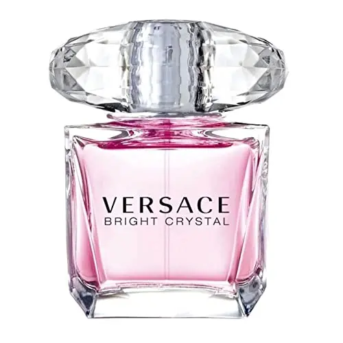 Versace Bright Crystal perfume bottle, a pink juice in a heavy, faceted glass design.