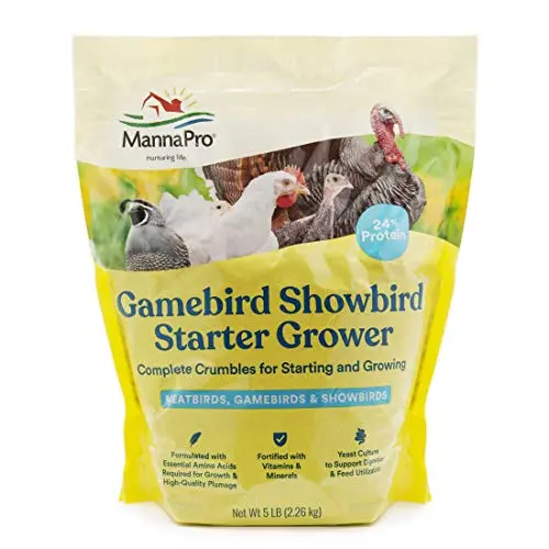 Manna Pro Gamebird and Showbird Crumbles, a high-protein poultry feed.