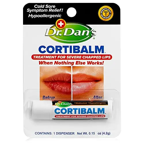 Dr. Dan's Cortibalm lip balm in a classic white and blue tube for severely chapped lips.
