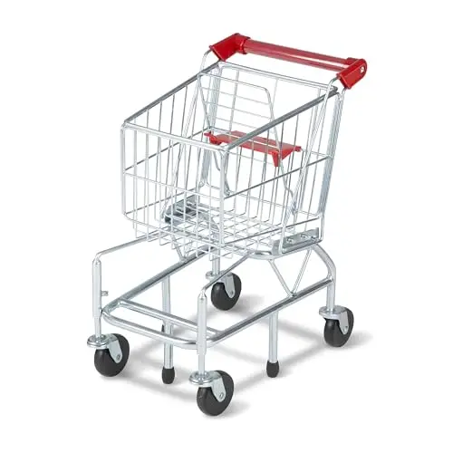 Melissa & Doug red metal toy shopping cart with a fold-down seat for a doll.