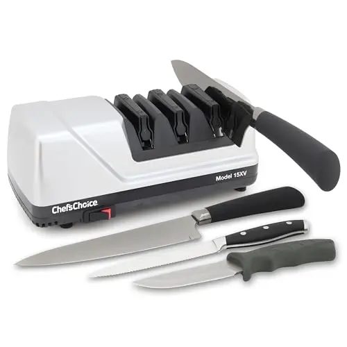 ChefsChoice 15XV electric knife sharpener in gray with diamond abrasives