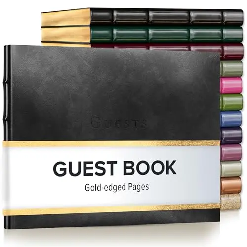 Gallery Leather Guest Book in Acadia Black with gold-edged pages and hardcover design