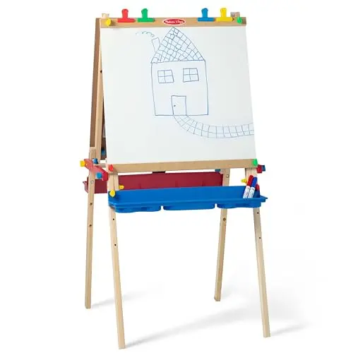 Melissa & Doug multi-color wooden kids art easel with dry-erase board and chalkboard