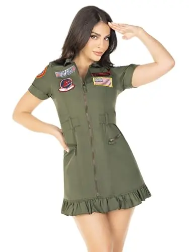 Leg Avenue Women's Top Gun Flight Dress costume in green with official badges