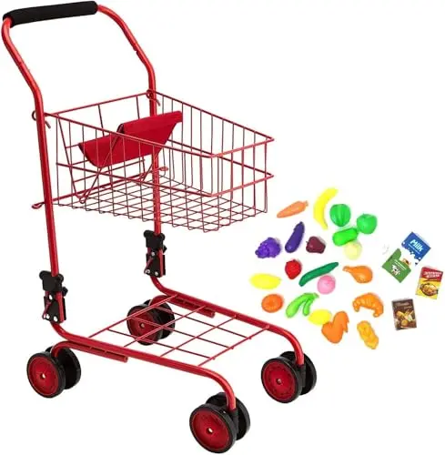 Red metal toy shopping cart with a folding seat and included pretend food pieces.