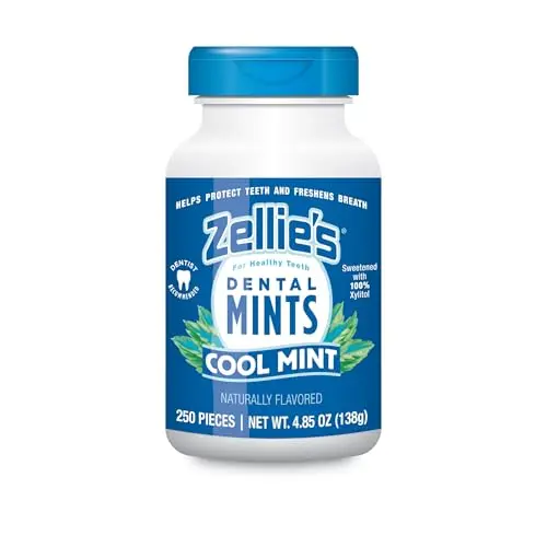 Zellie's Cool Mint Xylitol Mints in a white and green tin