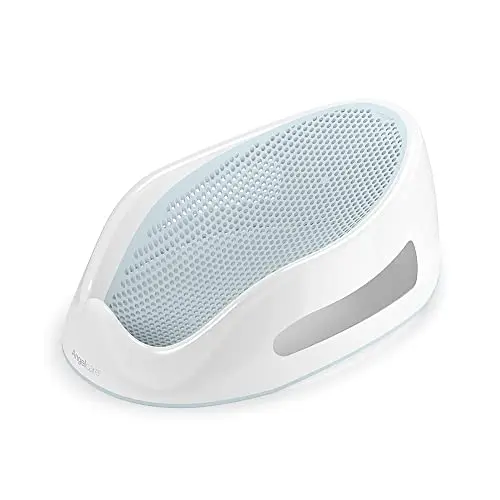 ANGELCARE Baby Bath Support in aqua blue, cradling a newborn baby in a bathtub