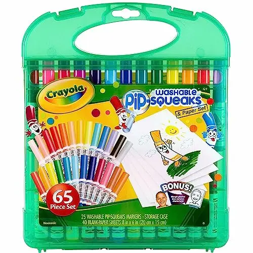 Crayola Pip-Squeaks 65 piece washable marker and paper set in a plastic carrying case