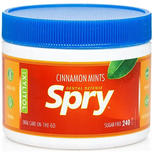 Spry Cinnamon Xylitol Mints in a red plastic jar