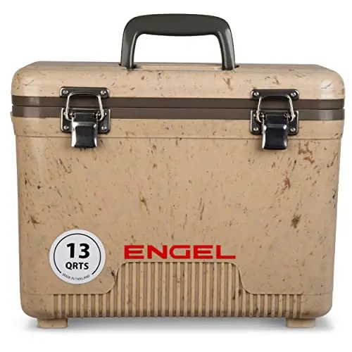 ENGEL UC13 13-quart hard shell cooler in camo, showing its latches and accessory tray