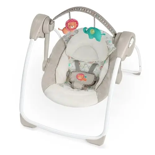 Ingenuity Soothe 'n Delight portable baby swing in plush fabric, shown in a folded position.