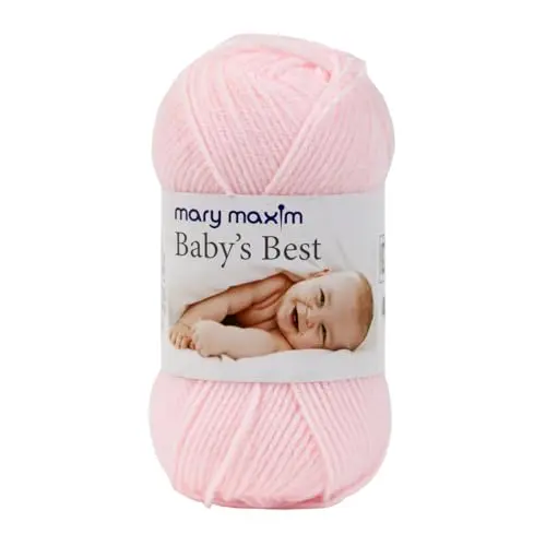 Mary Maxim Babys Best Pink Yarn, a fine, light pink skein of size 2 yarn.