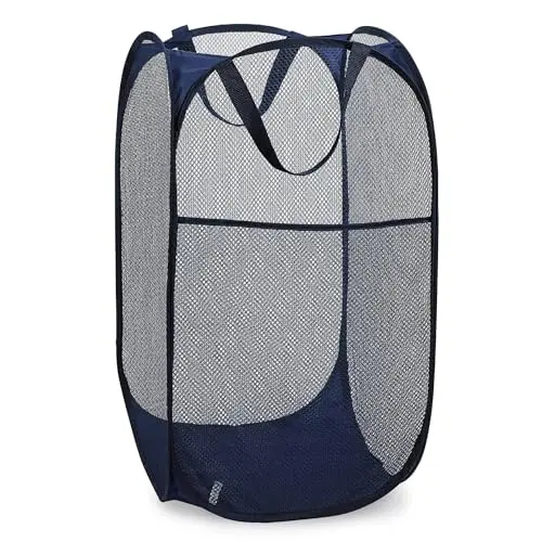 Handy Laundry blue collapsible mesh laundry hamper folded and unfolded.