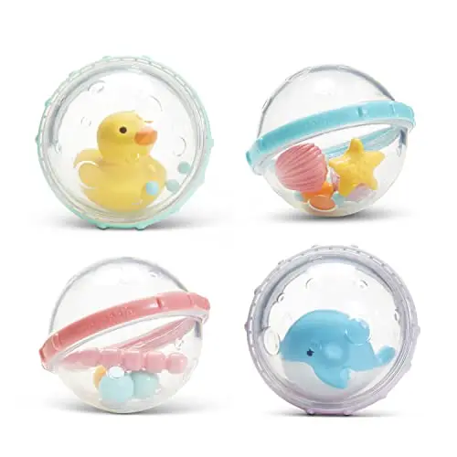 Munchkin Float and Play Bubbles bath toy set of four colorful, sealed bubbles floating in water.