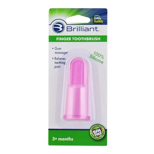 Brilliant Baby Finger Toothbrush in pink silicone, showing dual-sided design with bristles and bumps