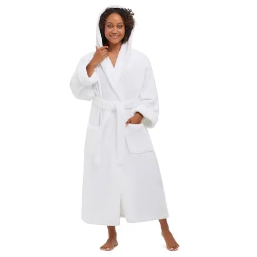 Monarch Hooded Terry Shawl Collar Bathrobe in white, featuring a hood and thick terry fabric