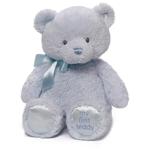 GUND Baby My First Teddy Bear in blue, showing ultra-soft plush and satin details.