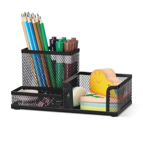 Comix 3-compartment black metal mesh desk organizer holding pens and office supplies