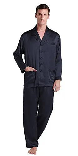 LilySilk men's full-length silk pajama set in navy blue