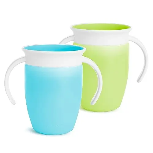 Munchkin Miracle 360 toddler cup with blue and green handles