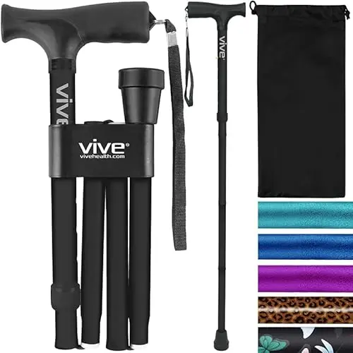 Vive folding cane with ergonomic grip and wrist strap
