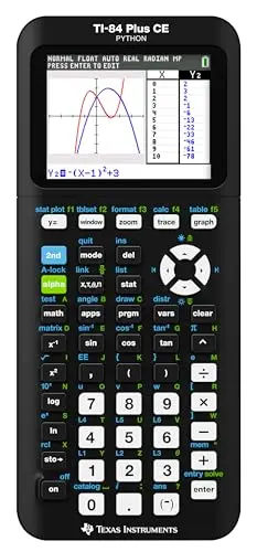 Texas Instruments TI-84 Plus CE Color Graphing Calculator in black on a student's notebook