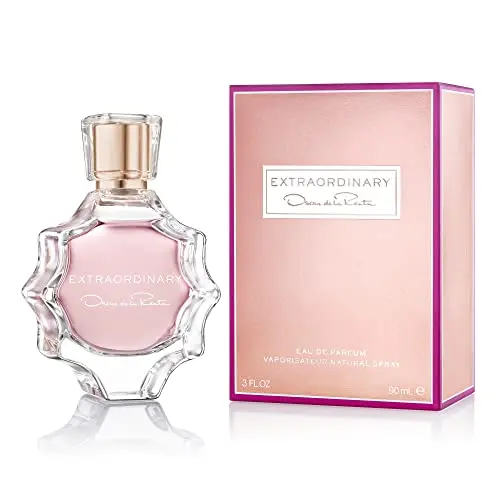 Oscar de la Renta Extraordinary perfume bottle with a floral-patterned cap.