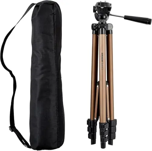 Amazon Basics lightweight aluminum tripod in champagne color with bag