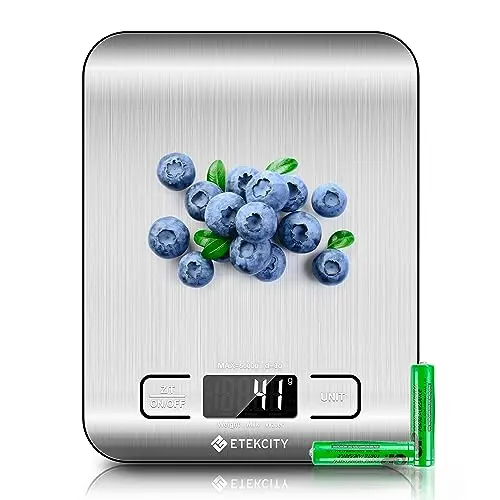 Etekcity EK6015 digital kitchen scale with stainless steel surface and LCD display