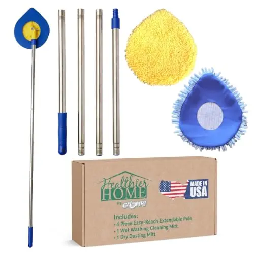 CHOMP yellow microfiber wall washer with a telescoping pole and blue duster mitt