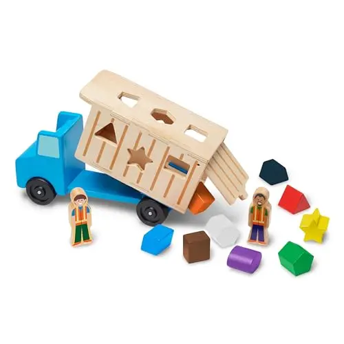 Melissa & Doug wooden dump truck with colorful shape blocks and figures
