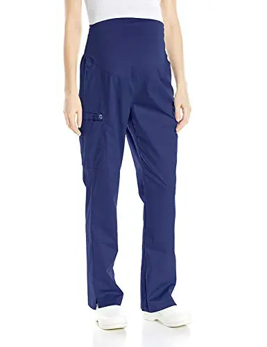 WonderWINK navy maternity cargo scrub pants with a flare leg