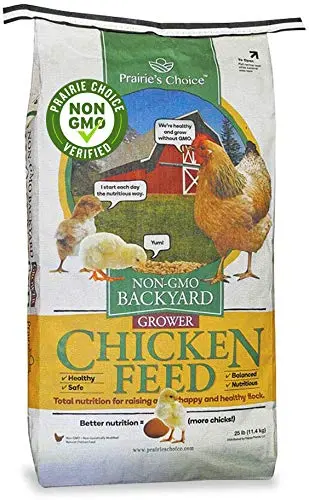 Prairie's Choice Non-GMO Chick Starter and Grower Feed in a 25lb bag.