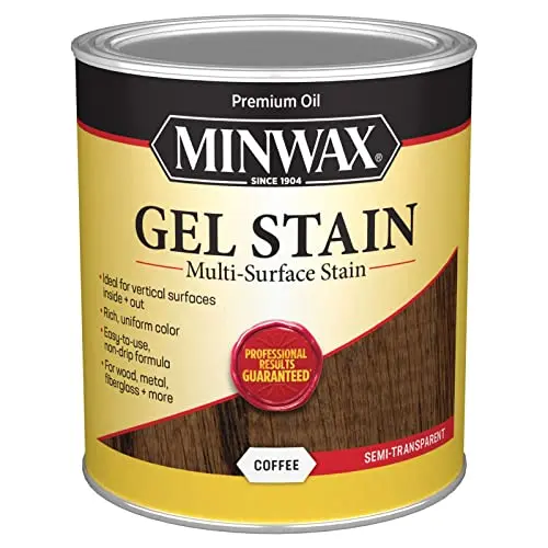 Minwax Gel Stain in a can, showing its thick, coffee-colored formula