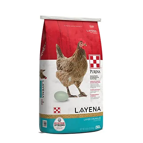 Purina Layena crumble chicken feed in a 50 lb bag