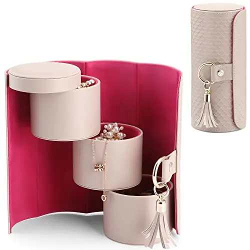 Vlando grey round hard-shell jewelry case with rotating tiers