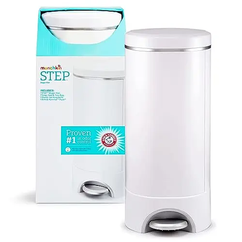 Munchkin STEP white diaper pail with Arm & Hammer branding