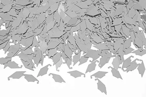 PMU graduation confetti in metallic silver with graduation cap shapes, packaged in a half-ounce bag