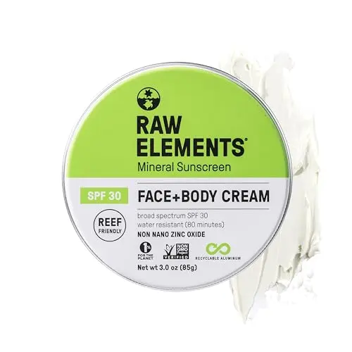 Raw Elements SPF 30 face and body sunscreen in a tin