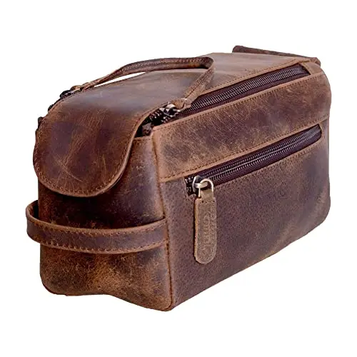 Brown buffalo leather toiletry dopp kit for travel