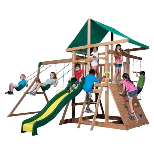 Backyard Discovery large light brown cedar wood swing set with wave slide, rock wall, deck, and sandbox