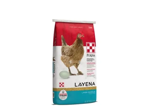 Purina Layena chicken feed crumbles in a red bag.