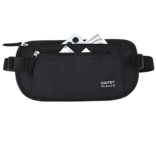 Slim black DAITET money belt with an elastic waist strap, shown flat.