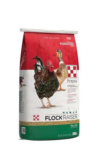 Large 50lb bag of Purina Flock Raiser Pellets, a versatile feed for mixed poultry flocks.