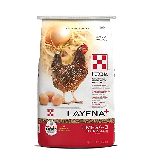 Purina Layena+ Omega-3 chicken feed in a 40 lb bag