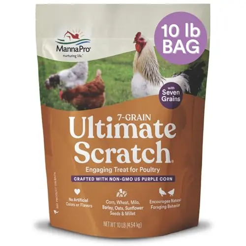 Manna Pro 7-Grain Chicken Scratch with colorful grains including purple corn.