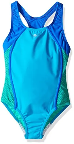 Speedo cyan one-piece swimsuit for girls with mesh splice design and thick straps