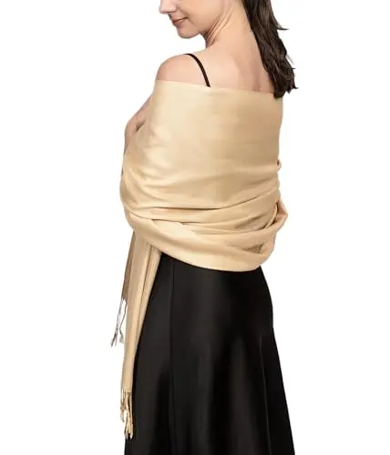 Achillea Soft Silky Pashmina Scarf in champagne color, draped elegantly