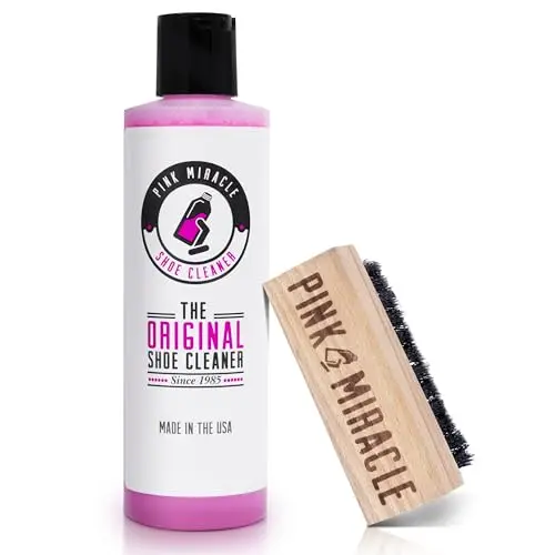 Pink Miracle shoe cleaner kit with bottle and brush on a white background